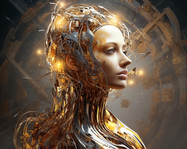 Golden Robotic Woman Portrait With Glowing Wires and Futuristic Background