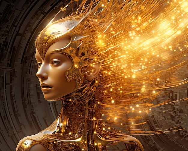 Golden Robotic Woman With Glowing Hair in Futuristic Setting