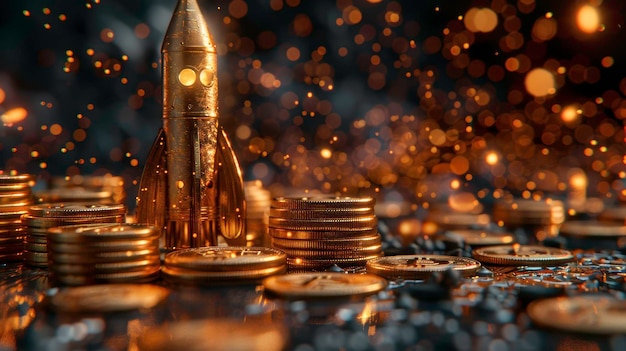 Golden rocket ship among stacks of shiny gold coins symbolizing financial growth prosperity and inve