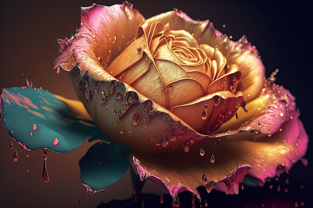 Golden rose with panint splash over it gold glitter paint colorful beautiful rose flower Generative Ai