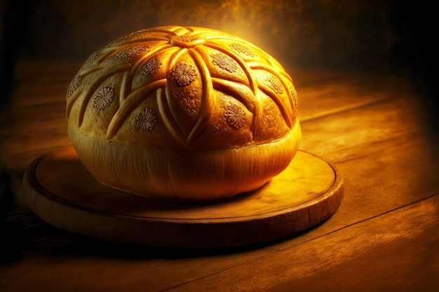 Golden round homemade bread on wooden table