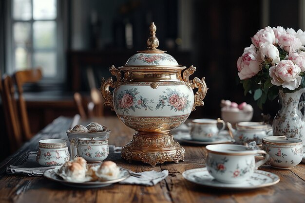 Photo golden samovar on an ornate table