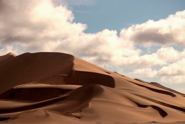 Golden sand dune 7 and white clouds on a sunny day in the Namib desert.