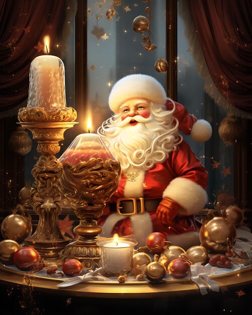 Golden Santa Candle With Ornaments On Table