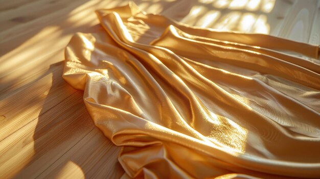 Golden satin fabric draped elegantly catching the sunlight on a natural wooden surface creating