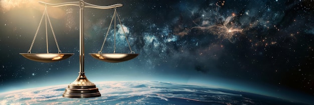 Photo a golden scale of justice stands against a backdrop of a starry night sky and a distant earth