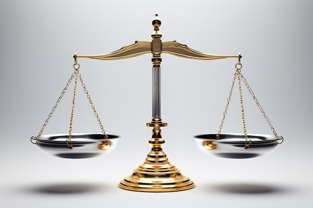 Photo a golden scale of justice stands balanced against a white background on a clear png or white background