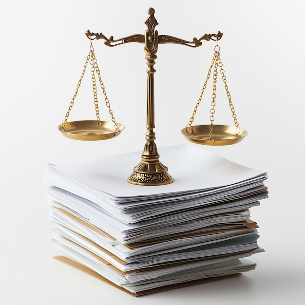 Photo golden scales of justice balanced on a stack of legal documents