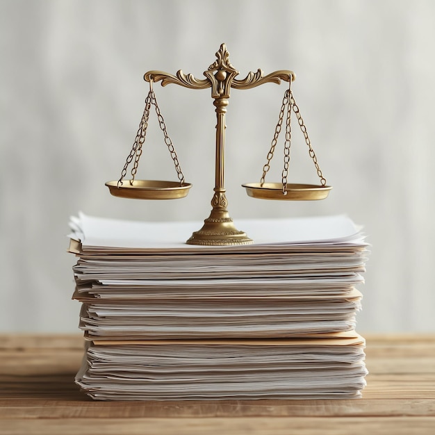 Photo golden scales of justice balanced on a stack of legal documents