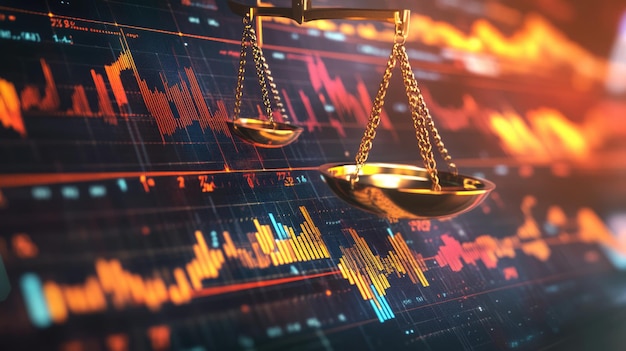 Photo golden scales of justice over stock market charts