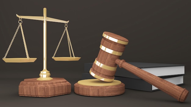 Golden Scales of Justice with Judgment Hammer and Law Booksfair judgment under the lawcourt to judge3d rendering