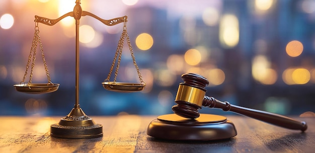 Golden Scales of Justice and Wooden Gavel on a Table