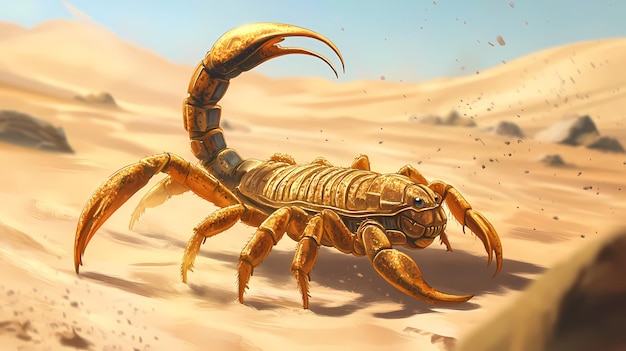 Photo a golden scorpion with a segmented body and a long curved tail walks across a desert landscape