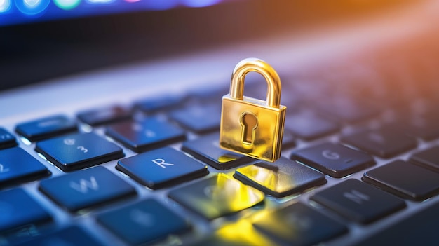 Photo a golden security lock sits prominently on a laptop keyboard illuminated by colorful lights symbolizing digital safety and protection in a modern workspace