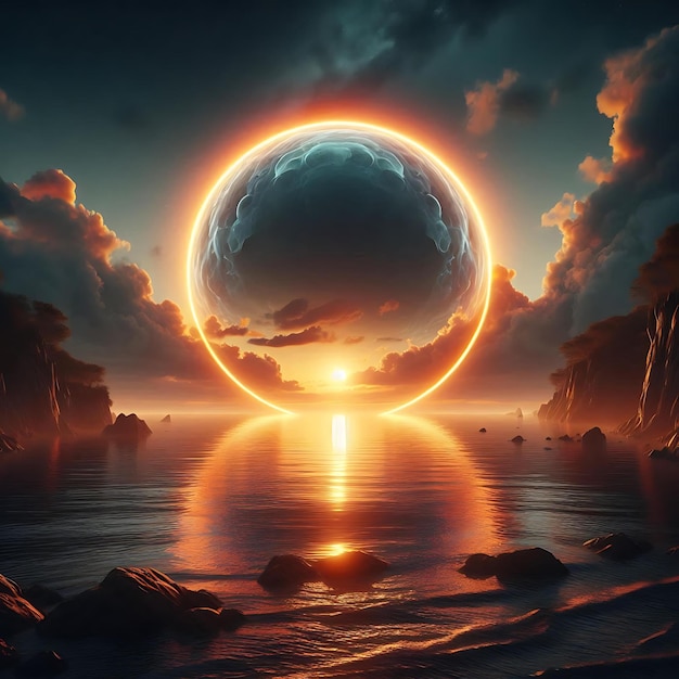 Golden Serenity Surreal Landscape of Fiery Sunset and Calm Waters Mystic Waterscape Glowing Ring