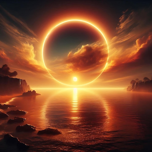 Golden Serenity Surreal Landscape of Fiery Sunset and Calm Waters Mystic Waterscape Glowing Ring