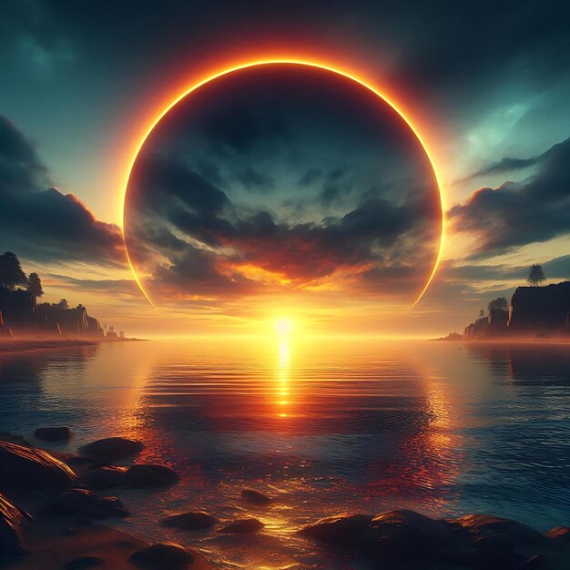 Golden Serenity Surreal Landscape of Fiery Sunset and Calm Waters Mystic Waterscape Glowing Ring