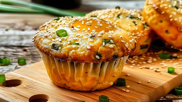 Photo golden sesame egg muffins with spring onion garnish a delightful breakfast treat