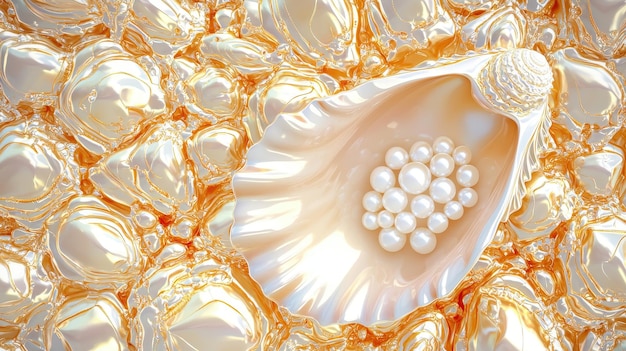 Photo golden shell with white pearls abstract background