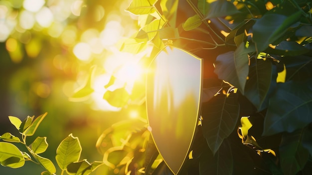 A golden shield hangs among lush green foliage with sunlight streaming through creating an ethereal fairytale ambiance