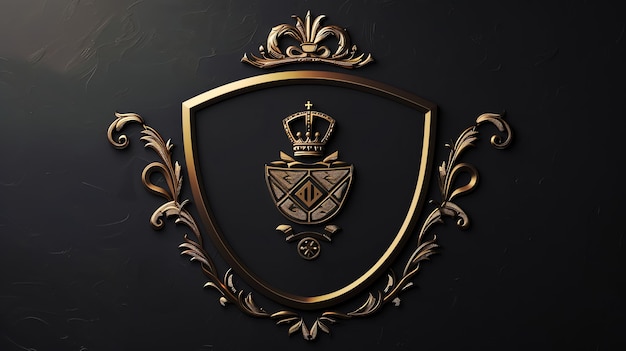 Golden shield with crown and floral accents on a black background