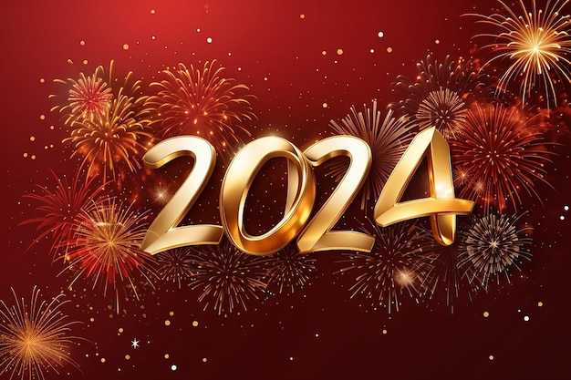 golden and shiny 2024 lettering red background with firework vector