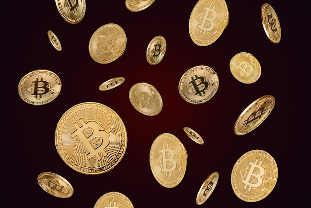 Golden shiny expensive bitcoins flying on dark background.