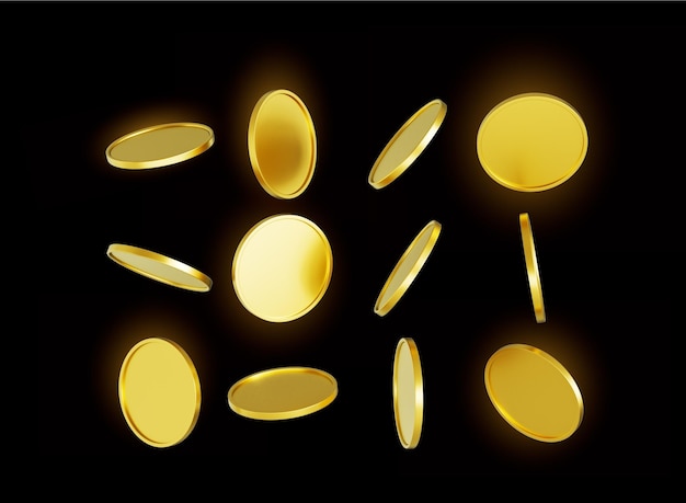 Photo golden shiny falling rounded coins isolated on black background 3d illustration