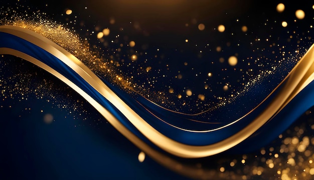 Golden shiny particles on a dark blue background for the design of New Year and Christmas greetings