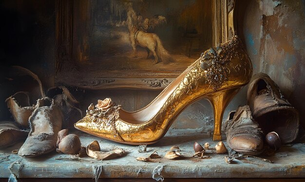 Golden Shoe as Centerpiece An opulent golden shoe displayed prominently with a backdrop of old tattered shoes