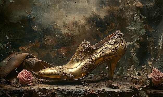 Golden Shoe as Centerpiece An opulent golden shoe displayed prominently with a backdrop of old tattered shoes