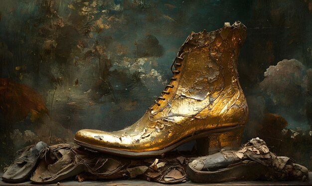 Golden Shoe as Centerpiece An opulent golden shoe displayed prominently with a backdrop of old tattered shoes