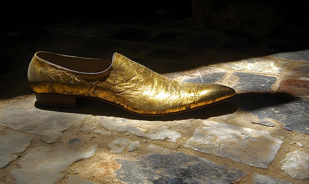 A golden shoe casting a long shadow over an old worn shoe symbolizing the overwhelming presence of wealth over poverty