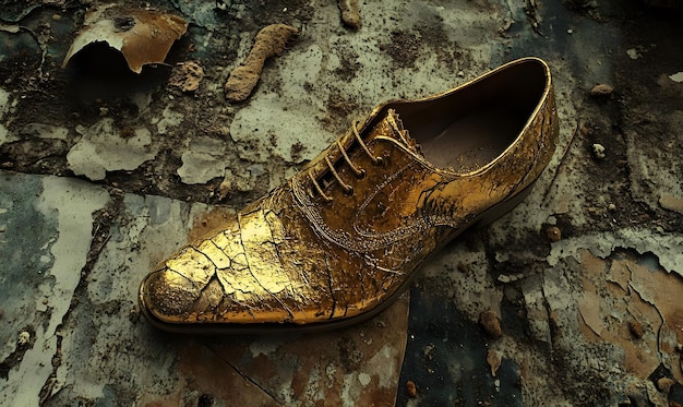 Golden Shoe on Tattered Mat A luxurious golden shoe placed on a ragged wornout mat or surface