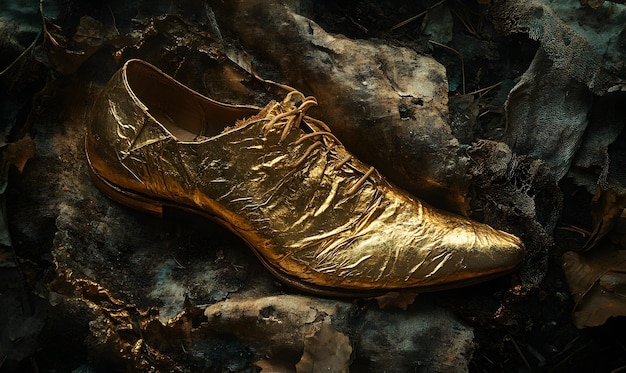 Photo golden shoe on tattered mat a luxurious golden shoe placed on a ragged wornout mat or surface