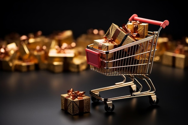 A golden shopping cart filled with gifts offering ample copy space