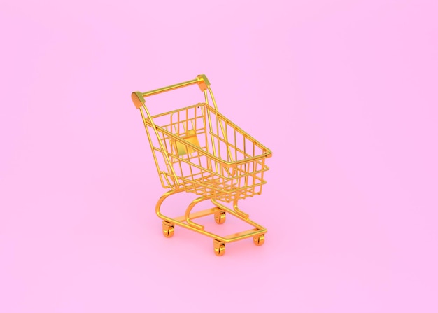 Golden shopping cart on pink background 3D render illustration