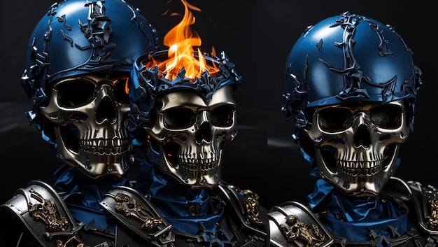 golden skulls with ornate blue helmets are set against a dark blue background with flames on either