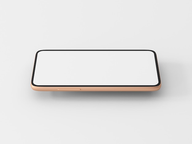 Golden Smartphone mockup with empty frameless screen on white table 3d rendering