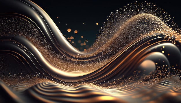 Golden smooth liquid waves and shiny particles abstract background Generative AI