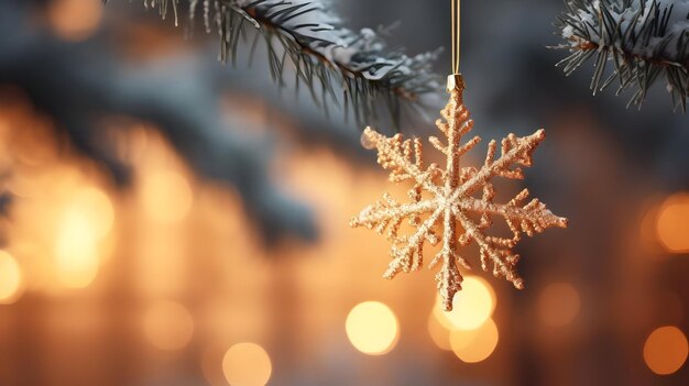 Golden Snowflake Ornament Hanging on a Snowy Pine Branch with Blurred Lights in the Background Illustration