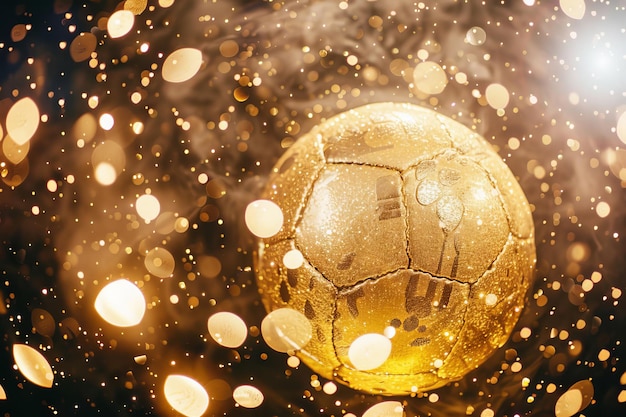 Golden Soccer Ball Surrounded by Shimmering Particles and Lights