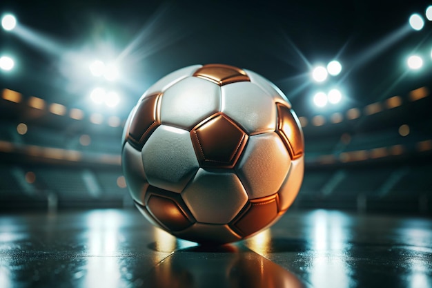 a golden soccer ball with a black background with the lights on