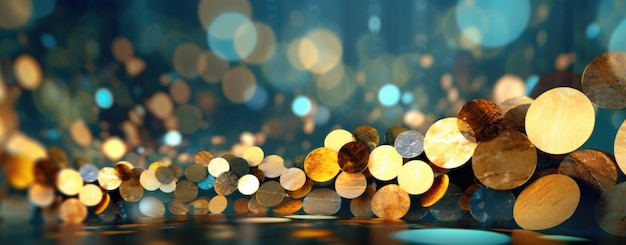 Golden Sparkles and Blue Glitter Bokeh Abstract Background