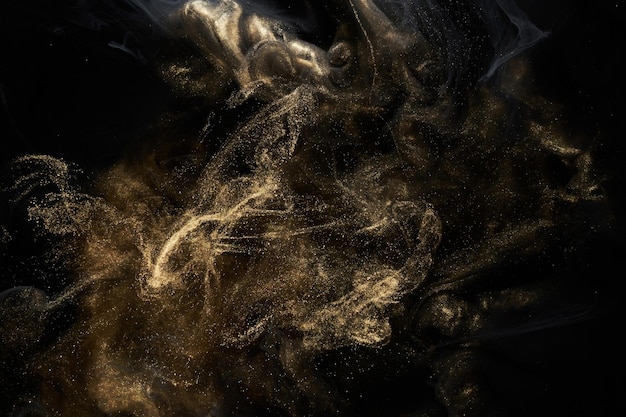 Golden sparkling abstract background luxury black smoke acrylic paint underwater explosion cosmic swirling ink