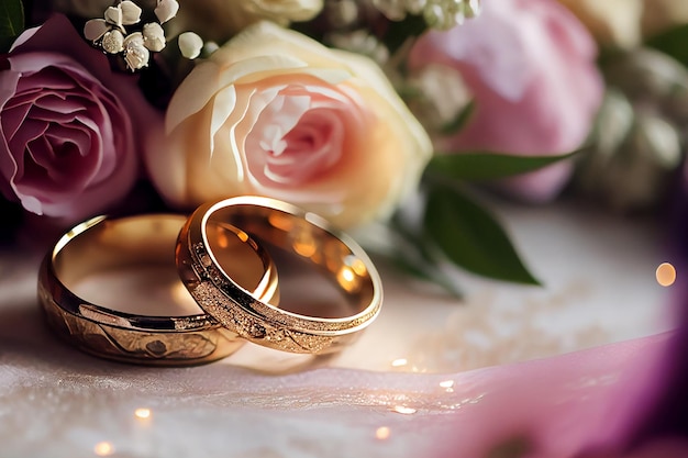 Golden sparkling wedding rings with flowers Illustration Generative AI