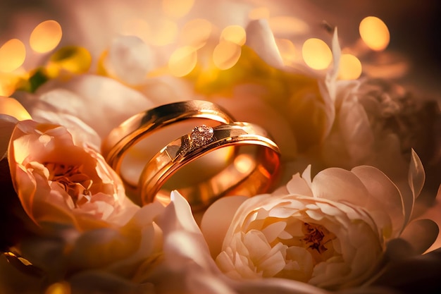 Golden sparkling wedding rings with flowers Illustration Generative AI