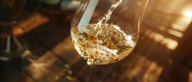 Golden sparkling wine being poured into a glass capturing the fluid motion