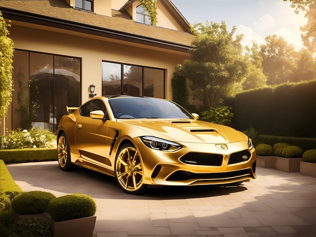 Golden sport car in house garden