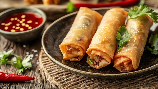 Photo golden spring rolls with chicken herbs and sweet chili sauce